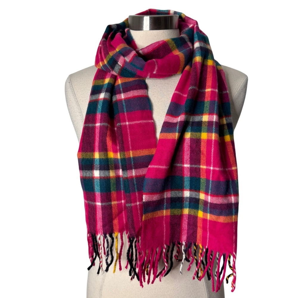 Cashmere Pink Plaid Check Fringe Scarf Made in England Winter Wrap Soft